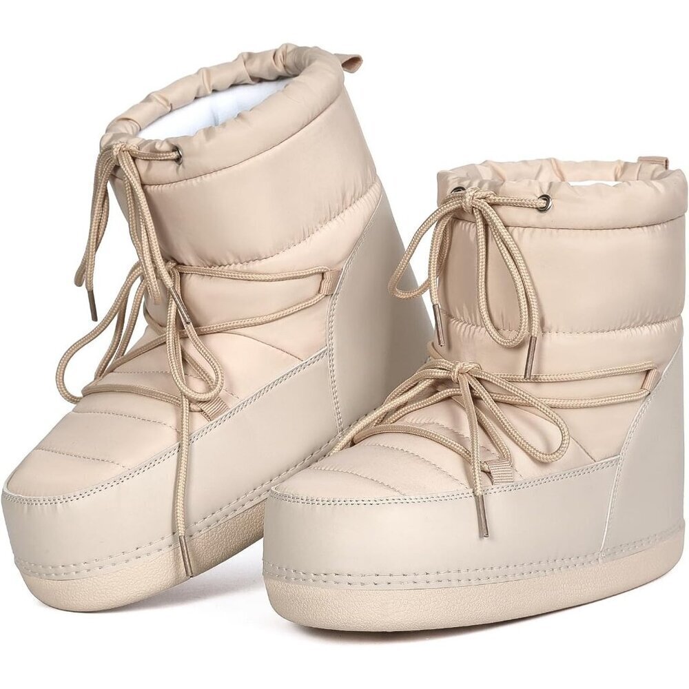 Women's Beige Winter Snow Boots Anti-Slip Lace-up Ankle Booties with Lining